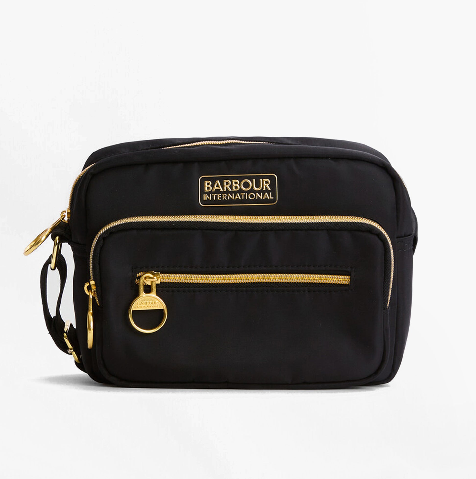 Barbour B.INTL QUALIFY Womens Crossbody Bag Black, front view showcasing gold accents and zippers.