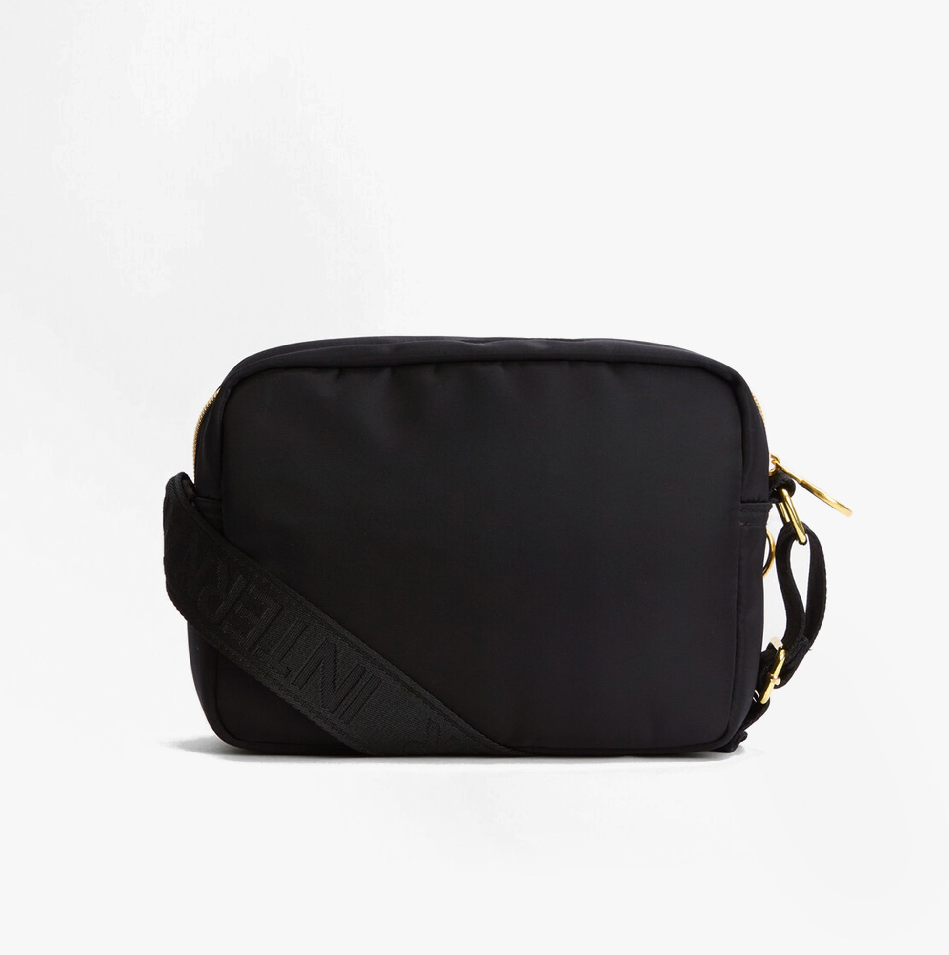 Barbour B.INTL QUALIFY Womens Crossbody Bag Black side view featuring adjustable strap and zip closure.