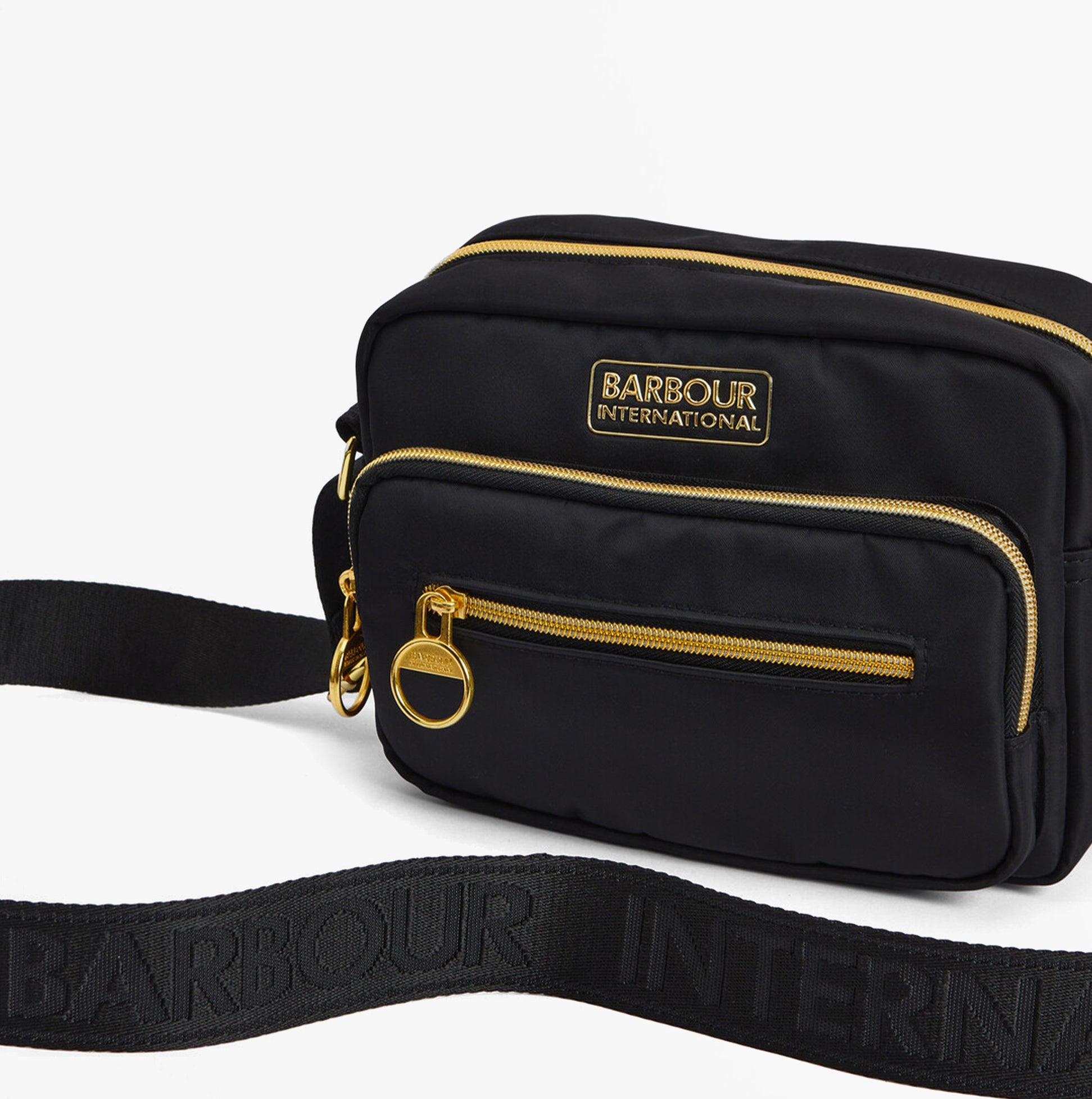 Barbour B.INTL QUALIFY Womens Crossbody Bag Black, front view with adjustable strap and zipped pockets.