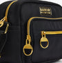 Barbour B.INTL QUALIFY Womens Crossbody Bag Black detail view showing gold zippers and logo.