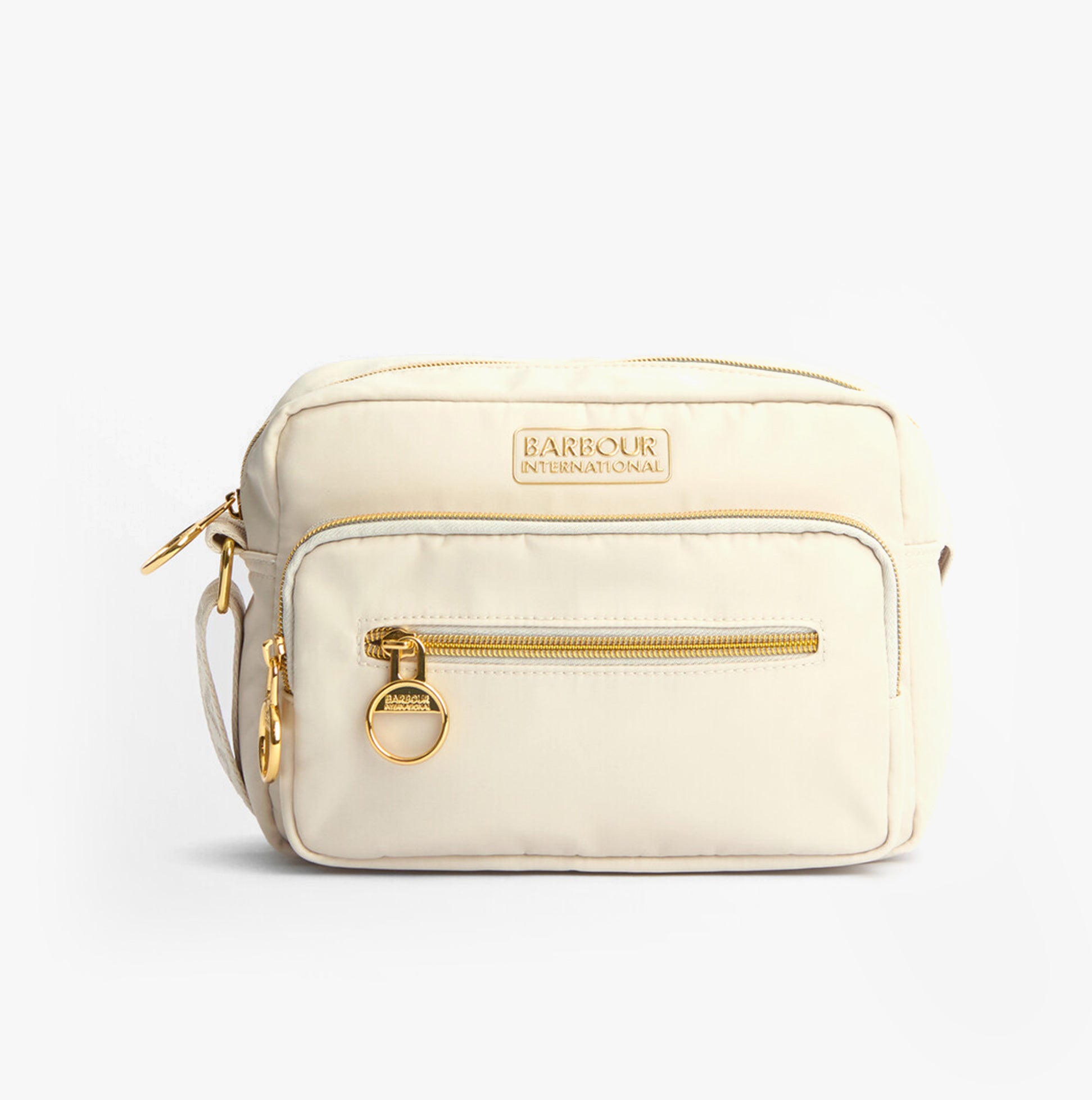 Barbour B.INTL QUALIFY Womens Crossbody Bag Light Pearl front view with zip closure and gold accents