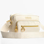 Barbour B.INTL QUALIFY Womens Crossbody Bag Light Pearl front view with gold zippers and adjustable strap