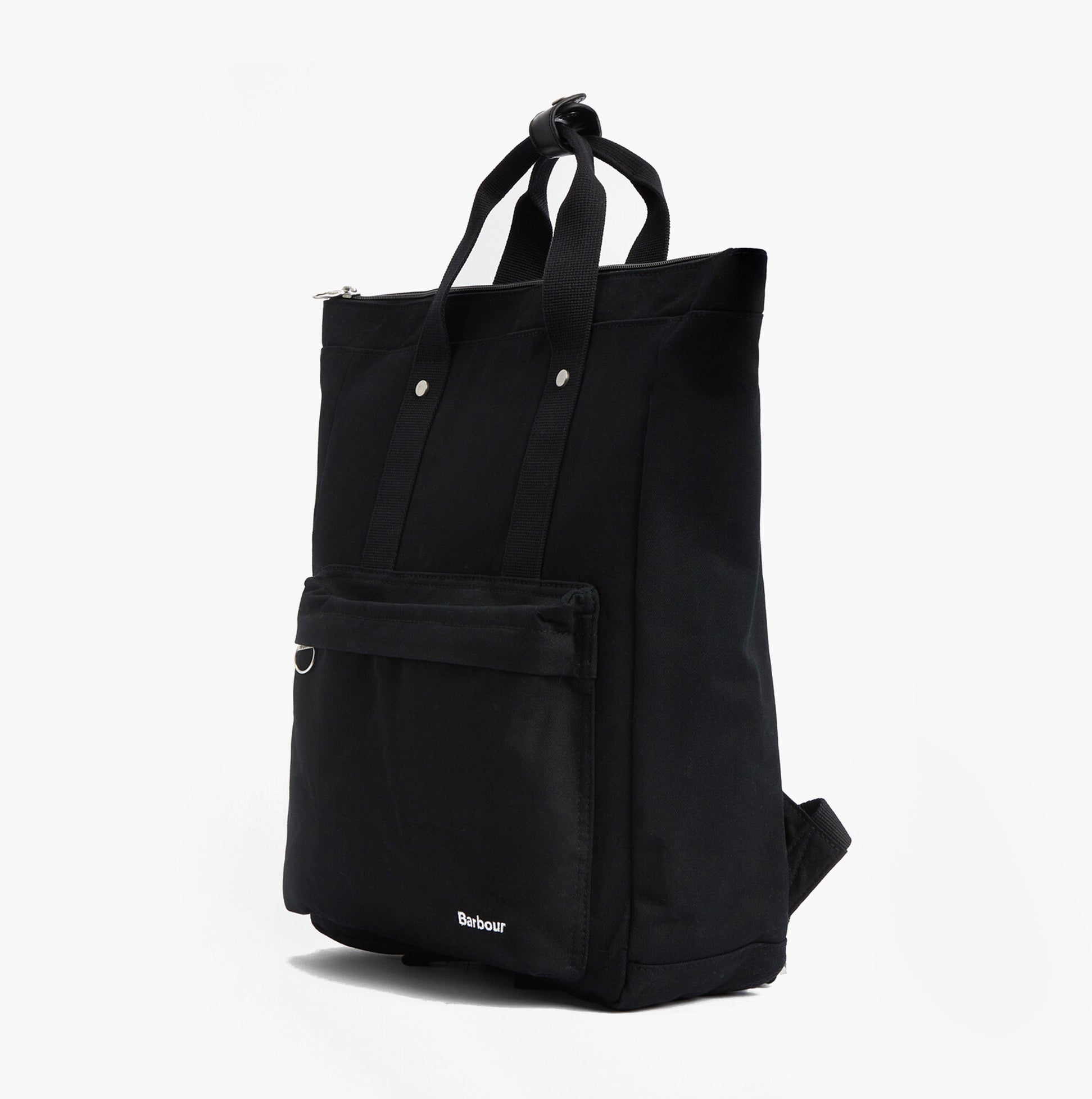 Barbour OLIVIA Womens Backpack Black side view showcasing adjustable straps and front pocket