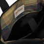 Barbour OLIVIA Womens Backpack Black interior detail view showing plaid lining and logo.
