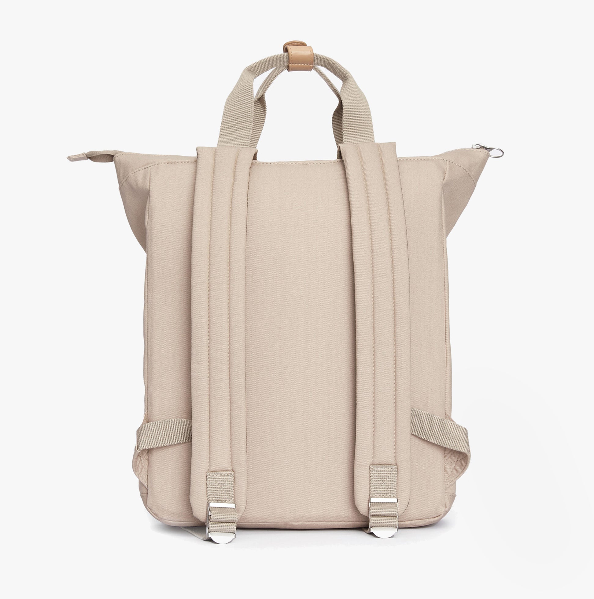 Barbour OLIVIA Womens Backpack Light Sand, back view showcasing adjustable straps and cotton material.