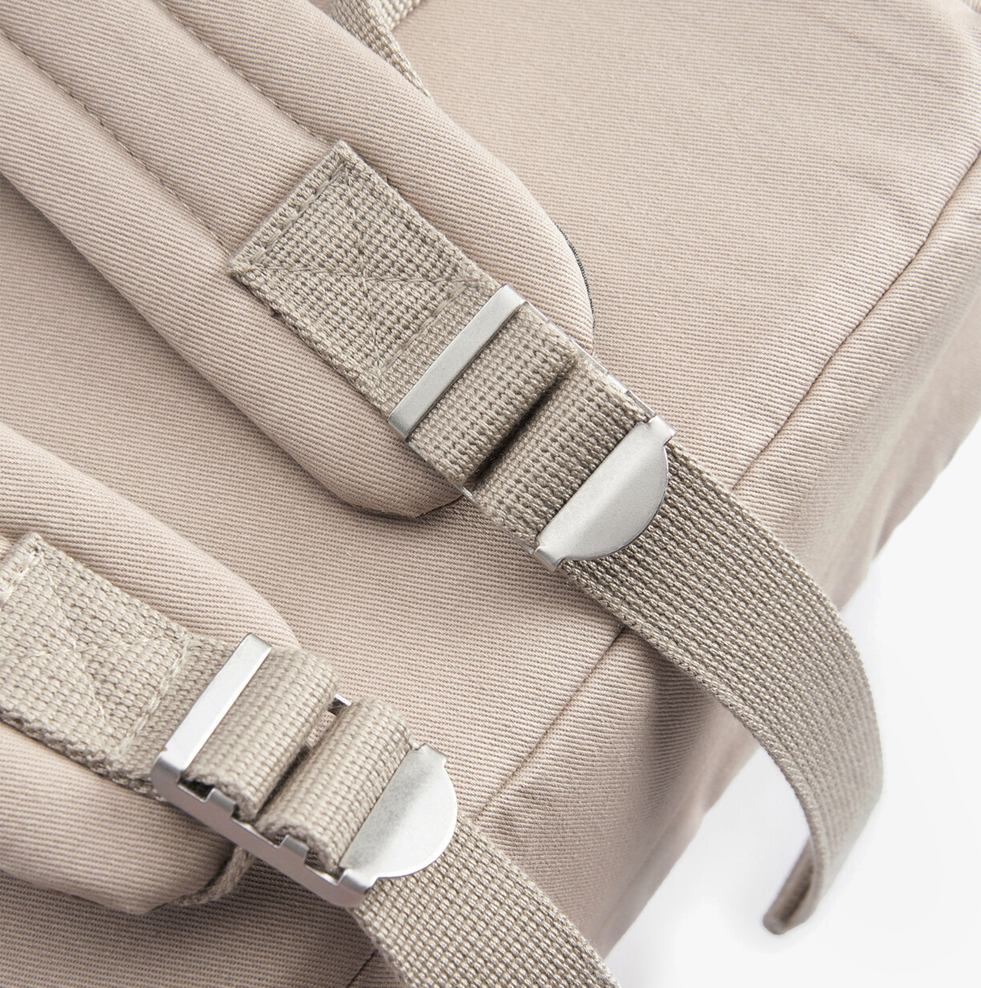 Barbour OLIVIA Womens Backpack Light Sand adjustable straps detail view with silver buckles.