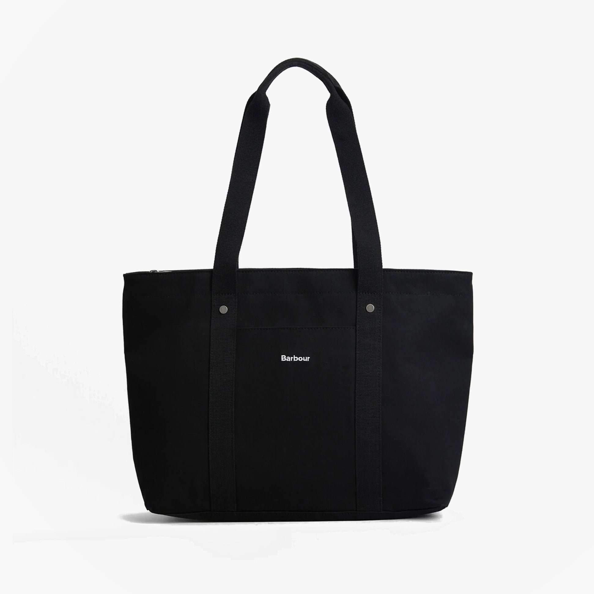 Barbour OLIVIA Womens Tote Bag Black front view, featuring zip closure and adjustable shoulder straps.