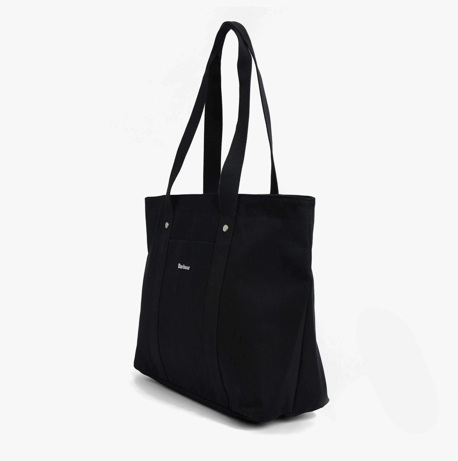 Barbour OLIVIA Womens Tote Bag Black side view, featuring adjustable straps and a sleek design.