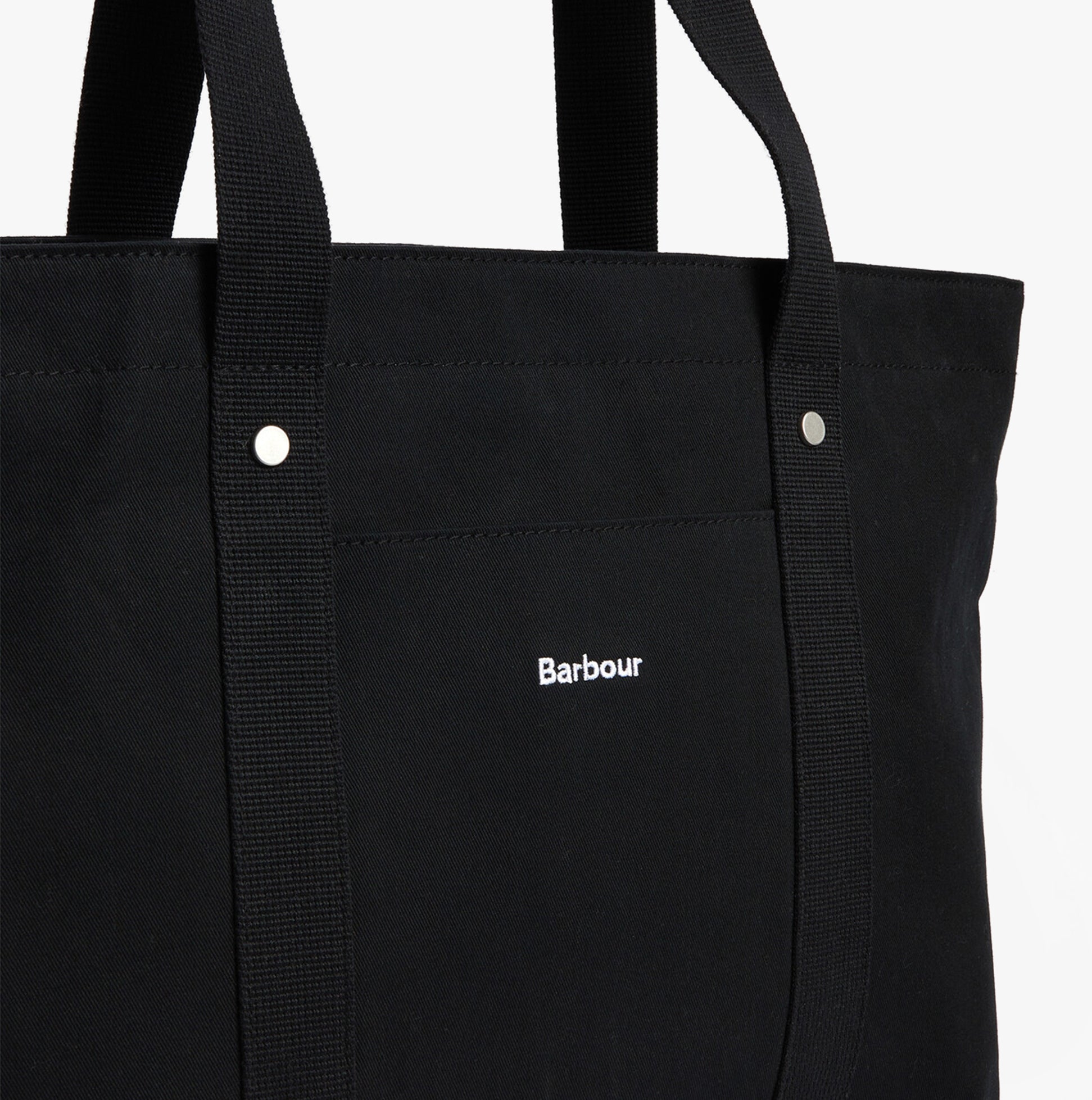 Barbour OLIVIA Womens Tote Bag Black detail view, showing fabric texture and logo.
