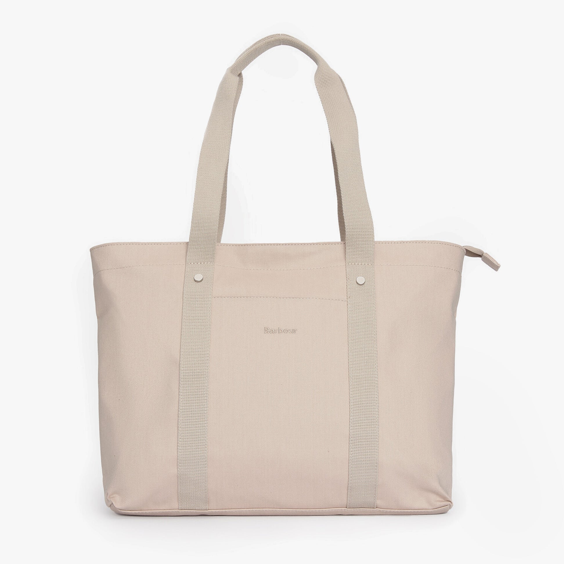 Barbour OLIVIA Womens Tote Bag Light Sand front view with handles and zip closure, lightweight design.