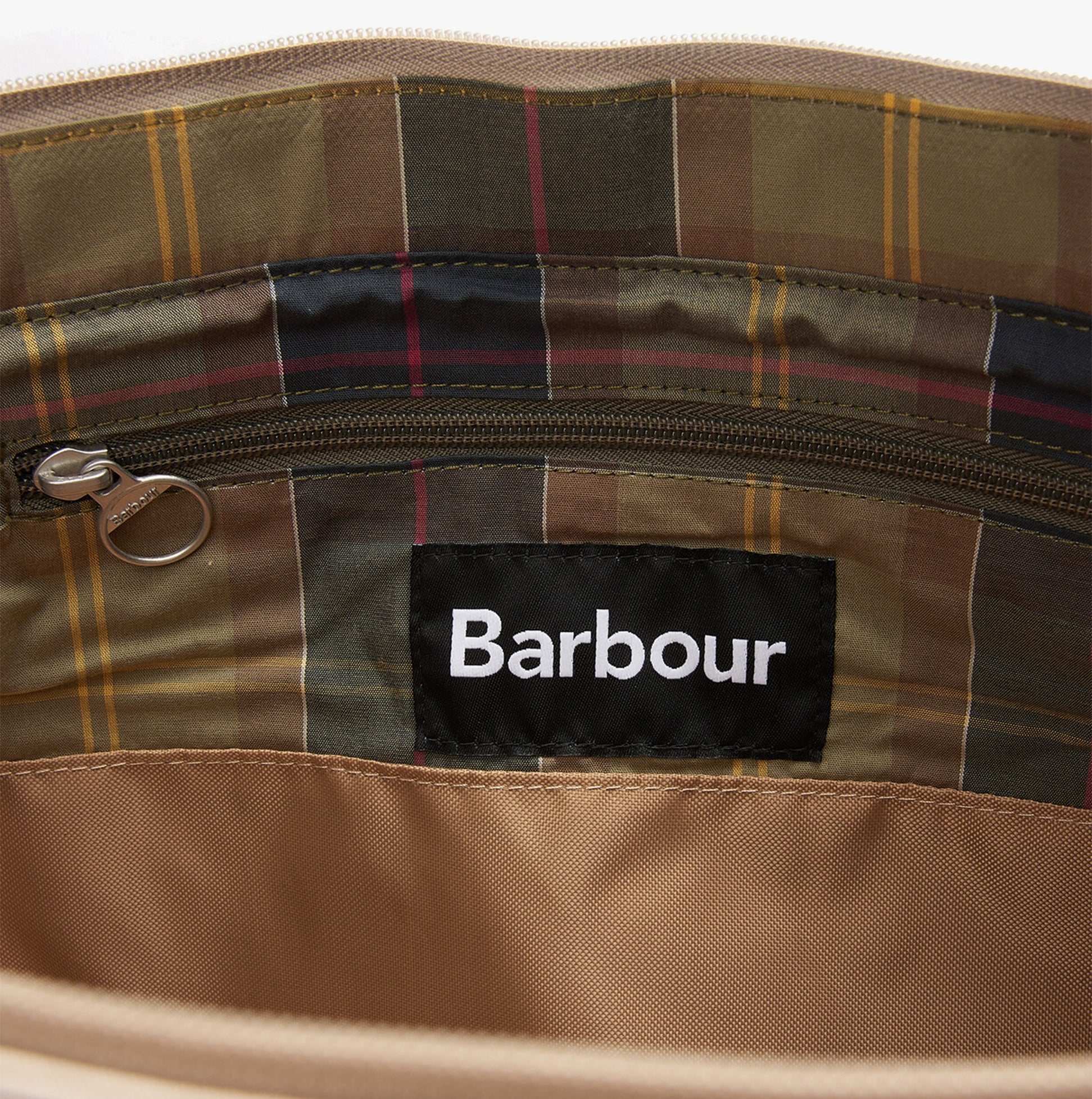 Barbour OLIVIA Womens Tote Bag Light Sand interior detail view with a zip pocket and brand label.