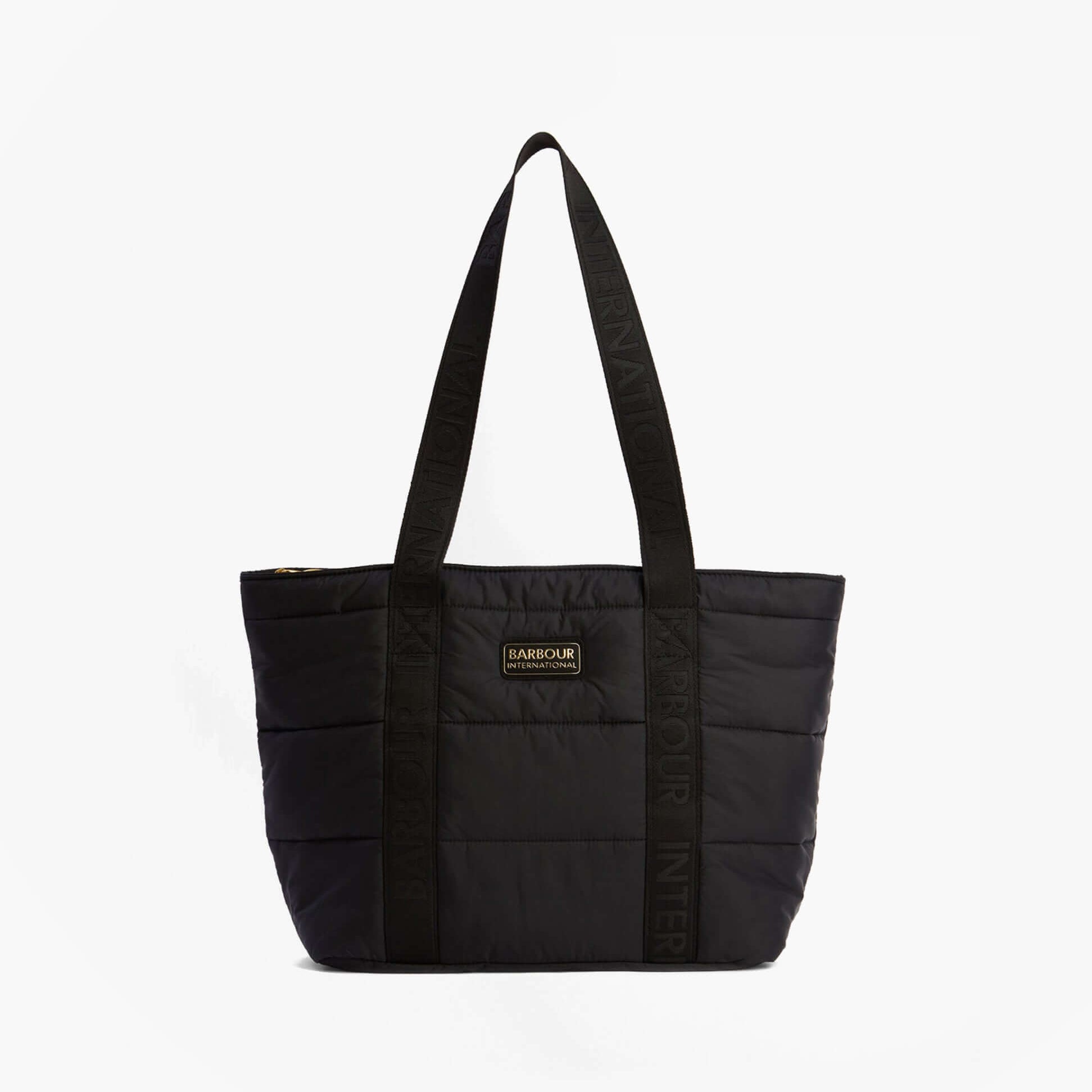 Barbour MONACO QUILT Tote Bag Womens Black front view with zip closure and durable straps for comfortable carrying.
