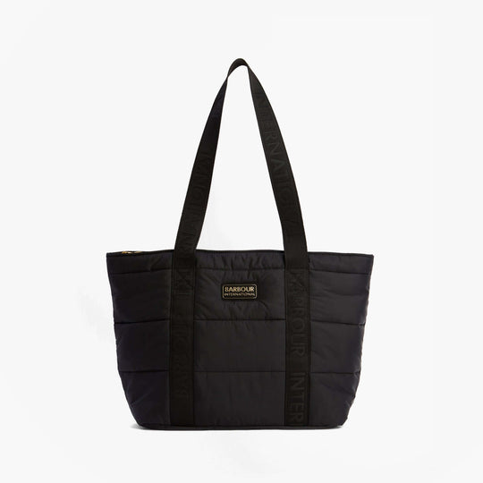 Barbour MONACO QUILT Tote Bag Womens Black front view with zip closure and durable straps for comfortable carrying.