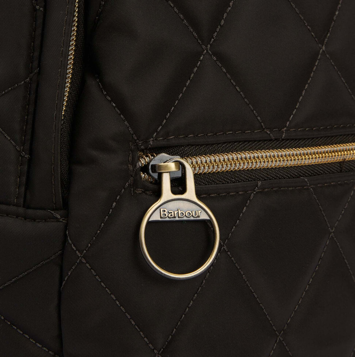 Barbour QUILTED Womens Backpack Olive detail view of zipper and pull tab.