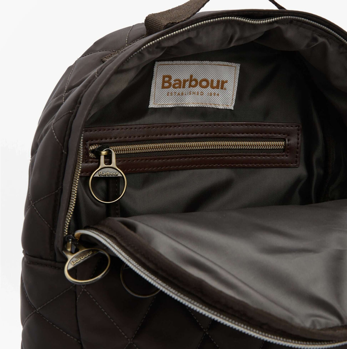Barbour QUILTED Womens Backpack Olive interior view showing zip pockets and lining details.