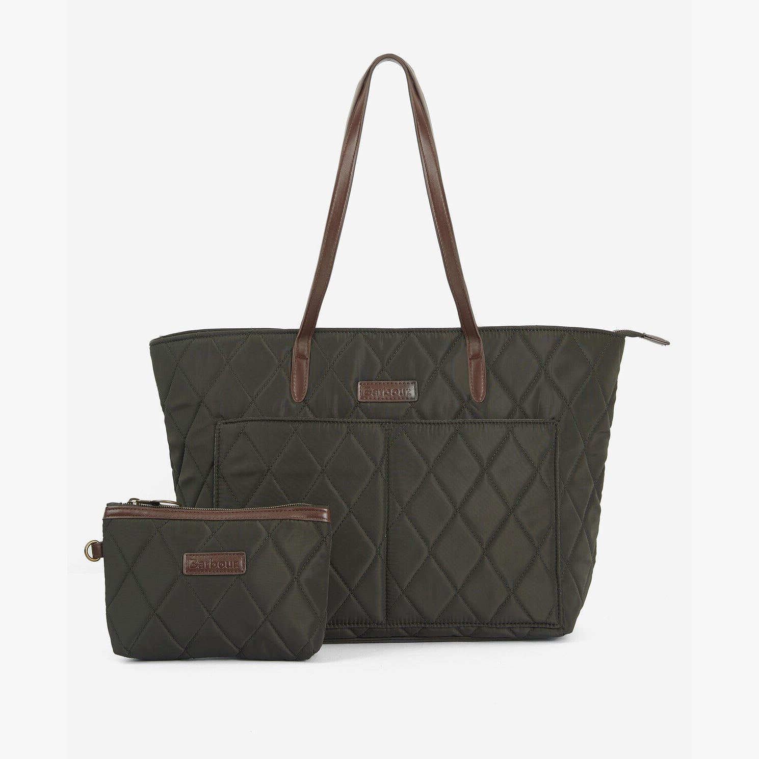 Barbour QUILTED Womens Tote Bag Olive front view with removable inner pouch and leather-look handles.