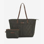 Barbour QUILTED Womens Tote Bag Olive front view with removable inner pouch and leather-look handles.
