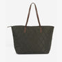 Barbour QUILTED Womens Tote Bag Olive front view with leather-look handles and quilted design.