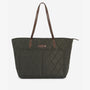 Barbour QUILTED Womens Tote Bag Olive front view with leather-look handles and external pocket.