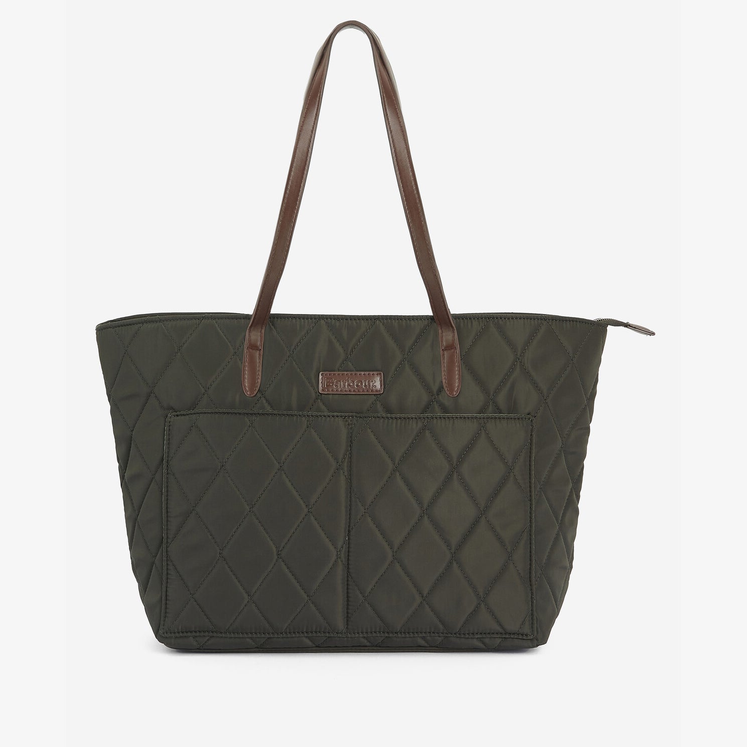Barbour QUILTED Womens Tote Bag Olive front view with leather-look handles and external pocket.