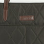 Detail view of Barbour QUILTED Womens Tote Bag Olive showcasing the logo and fabric texture.