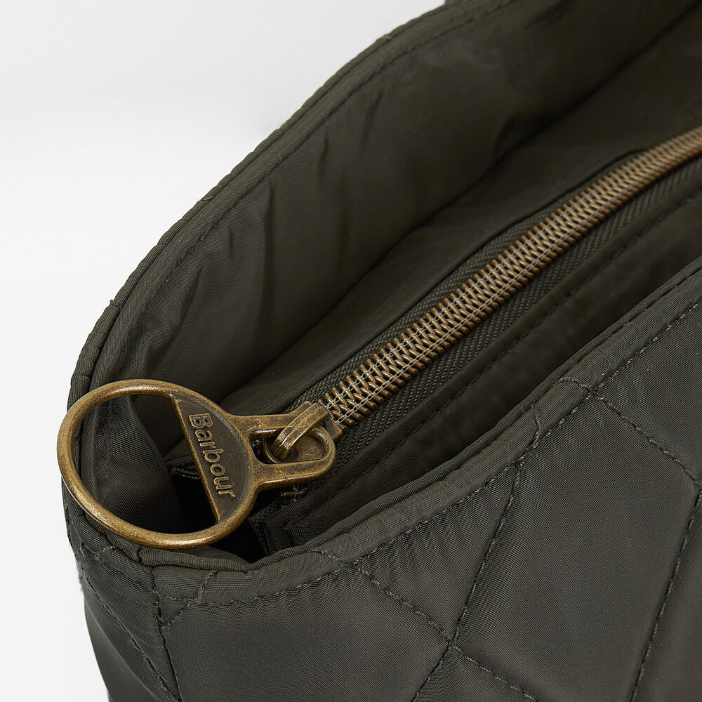 Detail view of Barbour QUILTED Womens Tote Bag Olive showing zipper and interior lining.