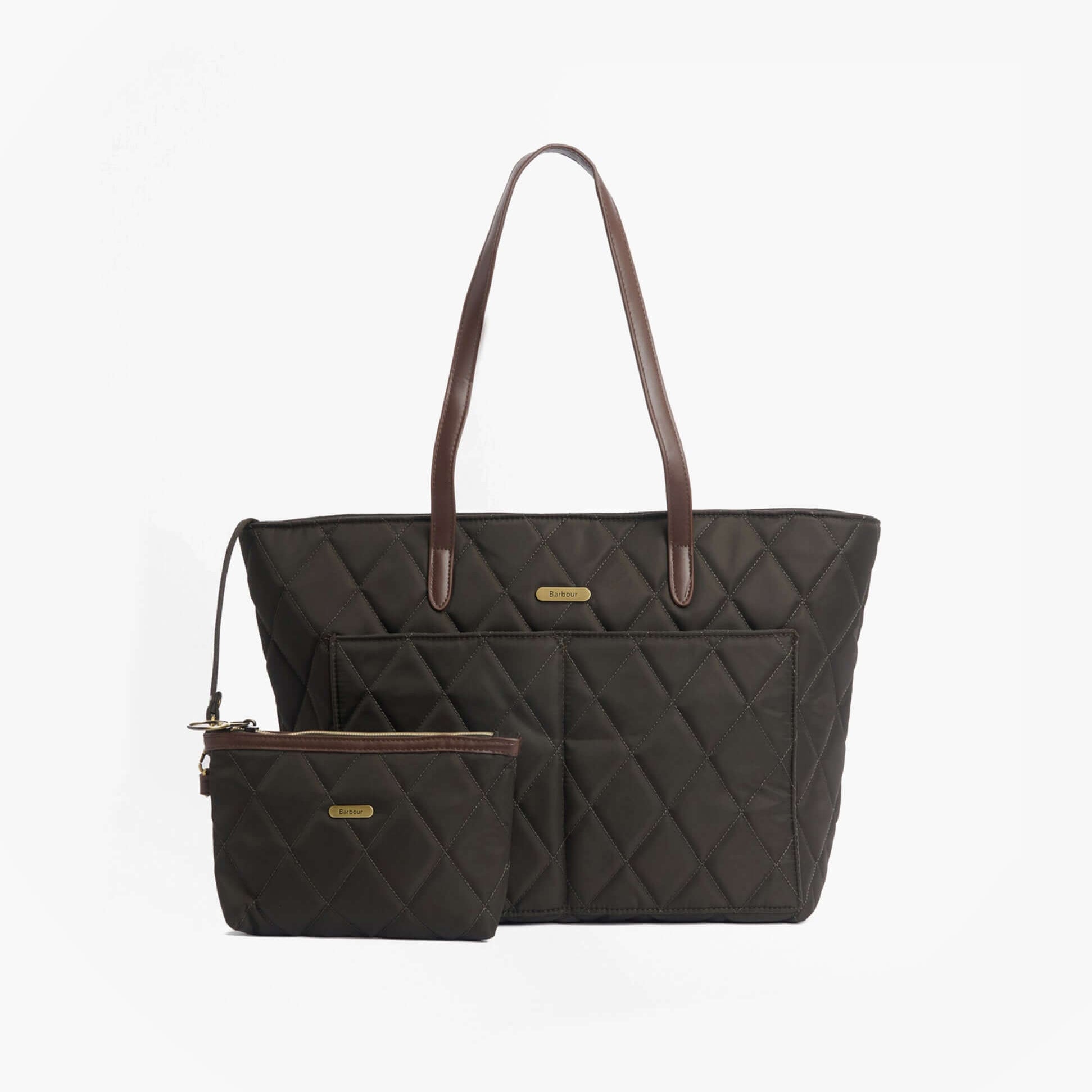 Barbour QUILTED Womens Tote Bag & Purse Olive front view with zip closure and brown leather handles.