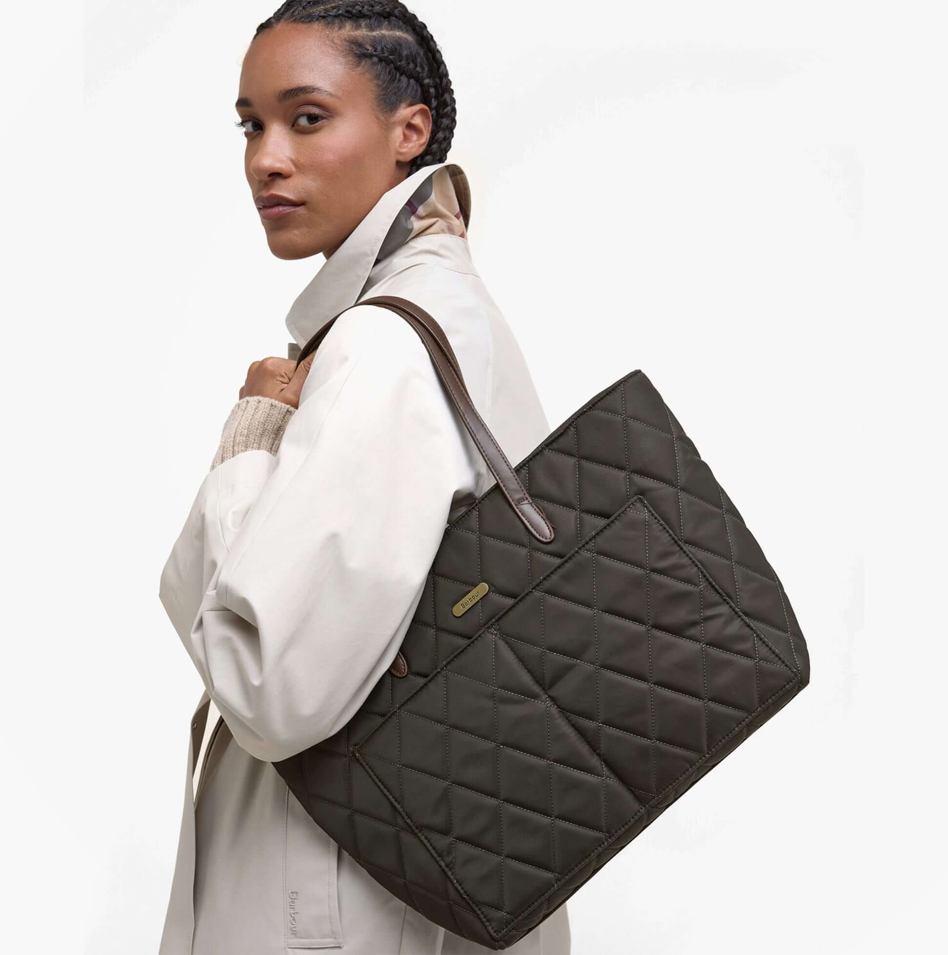 Barbour QUILTED Womens Tote Bag & Purse Olive side view carried by model