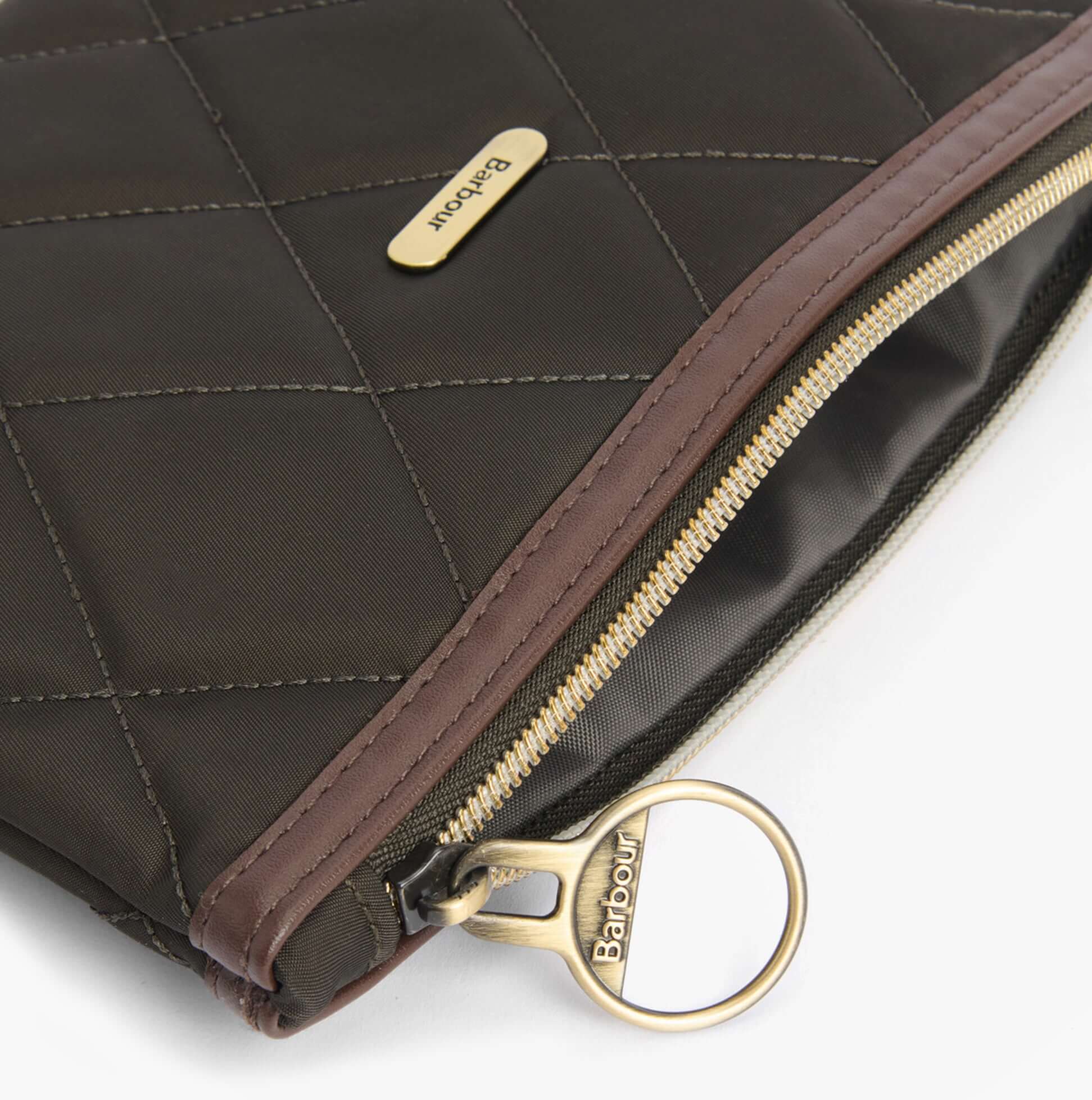 Barbour QUILTED Womens Tote Bag & Purse Olive detail view of zipper and fabric.