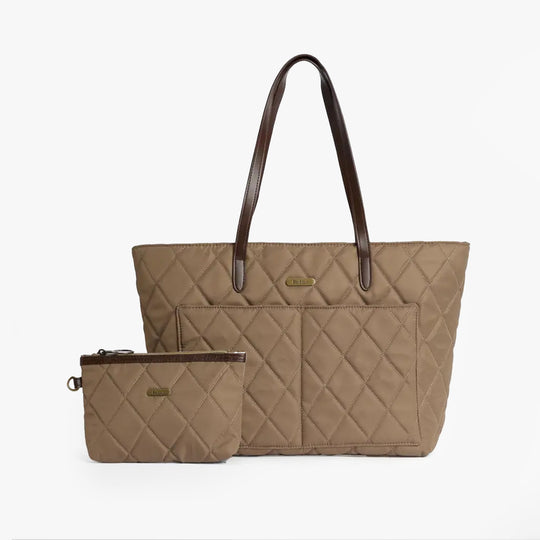 Barbour QUILTED Womens Tote Bag & Purse Sand front view showcasing quilted design and brown leather handles.