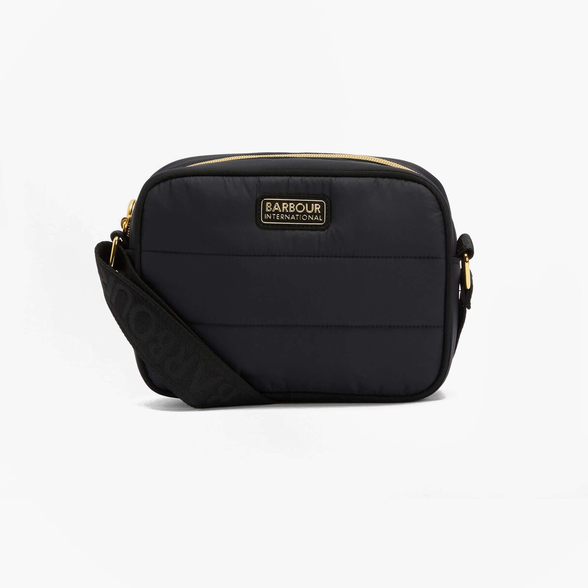 Barbour MONACO QUILT Womens Crossbody Bag Black front view with gold accents and adjustable strap.