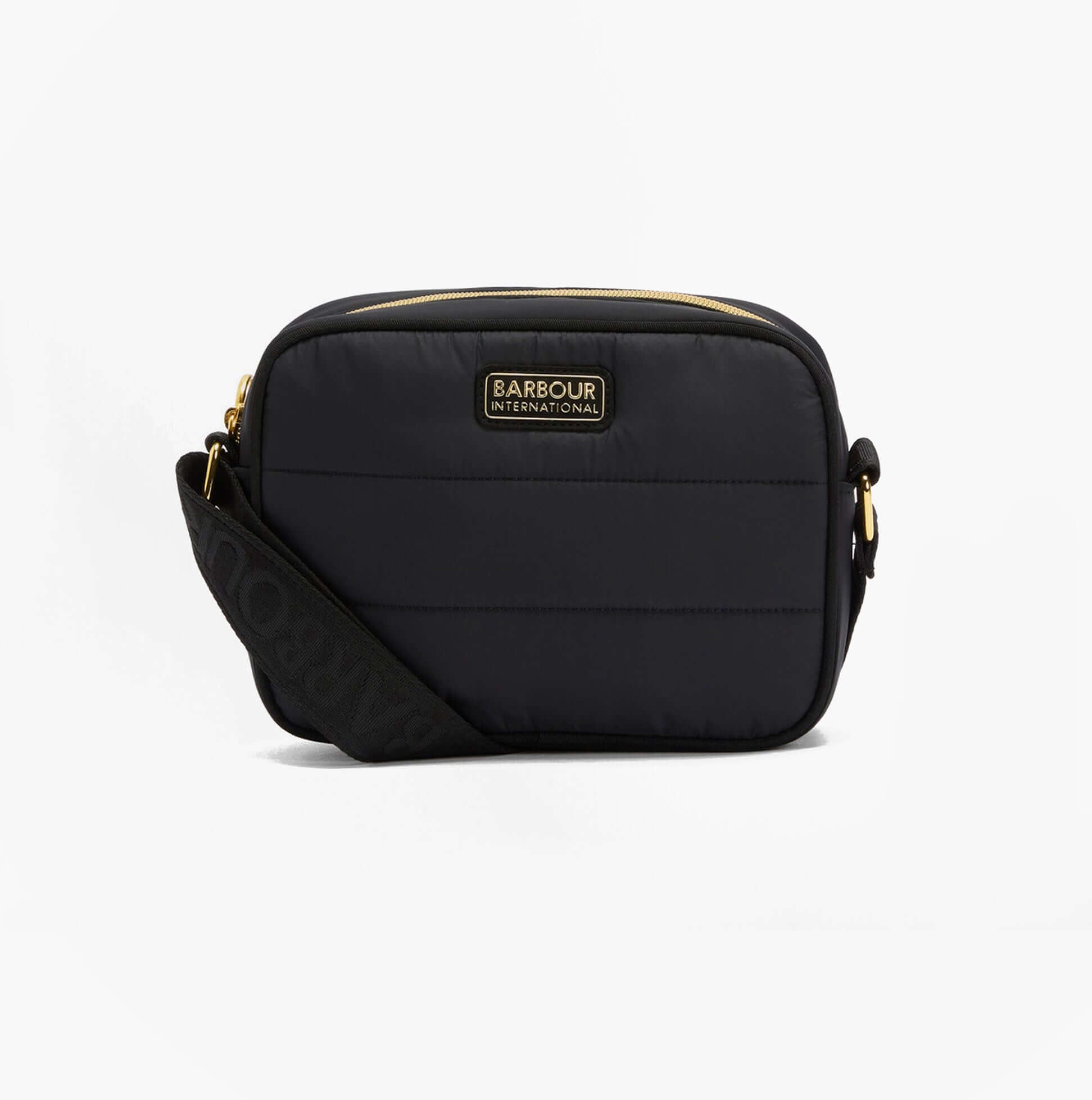 Barbour MONACO QUILT Womens Crossbody Bag Black front view with gold accents and adjustable strap.