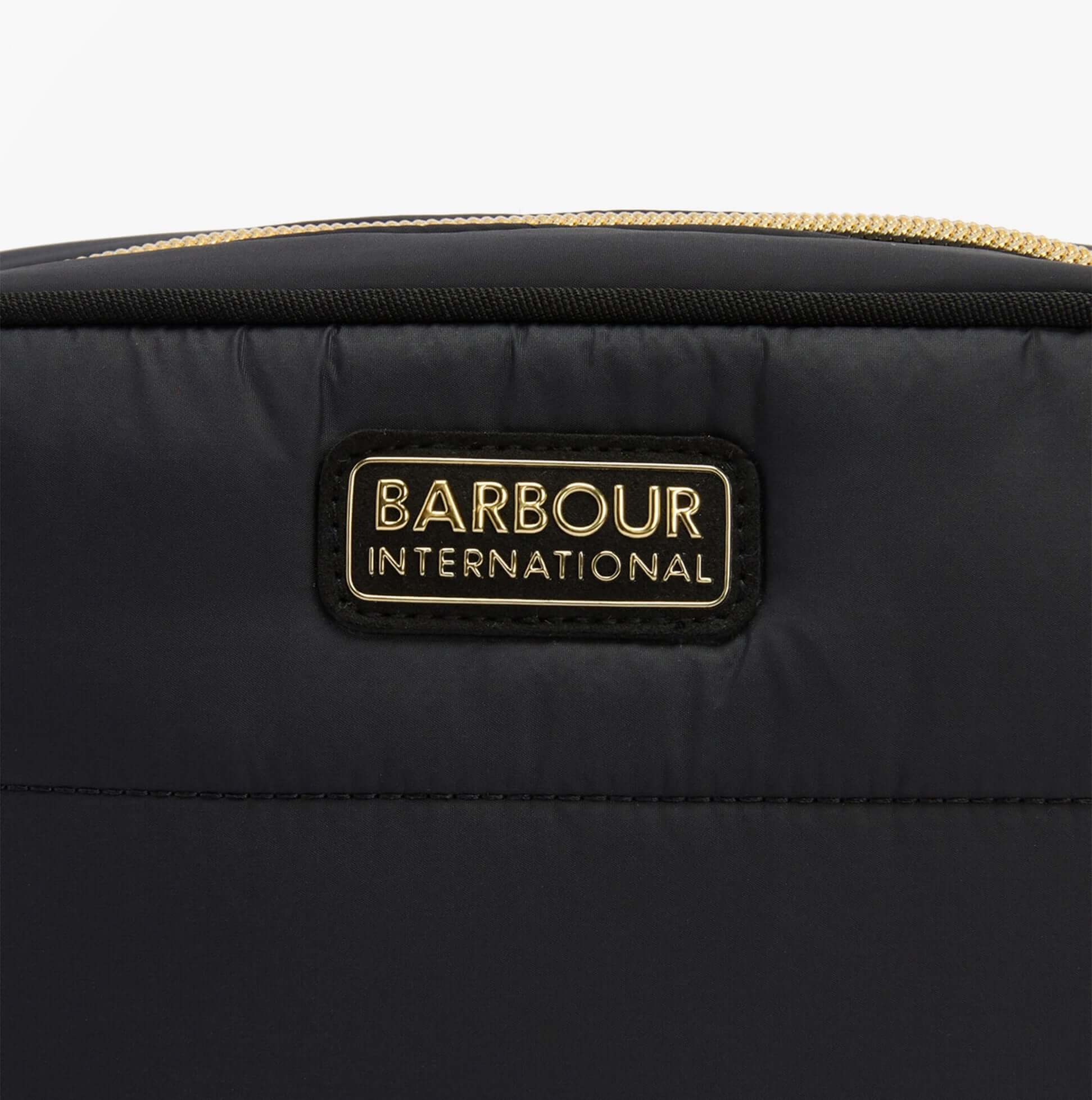 Barbour MONACO QUILT Womens Crossbody Bag Black detail view of logo on bag