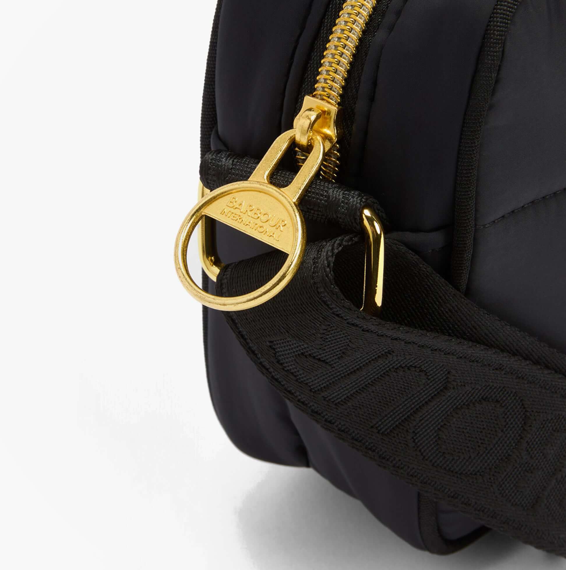 Barbour MONACO QUILT Womens Crossbody Bag Black detail view showcasing zipper and strap