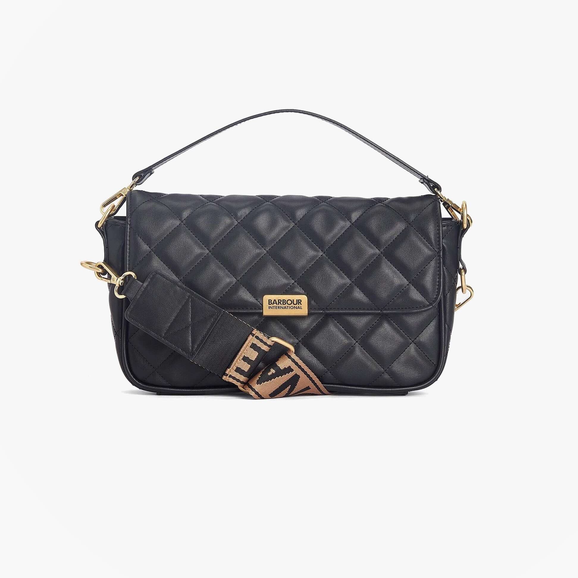 Barbour QUILTED SOHO Womens Crossbody Bag Black front view showcasing quilted design and adjustable strap.