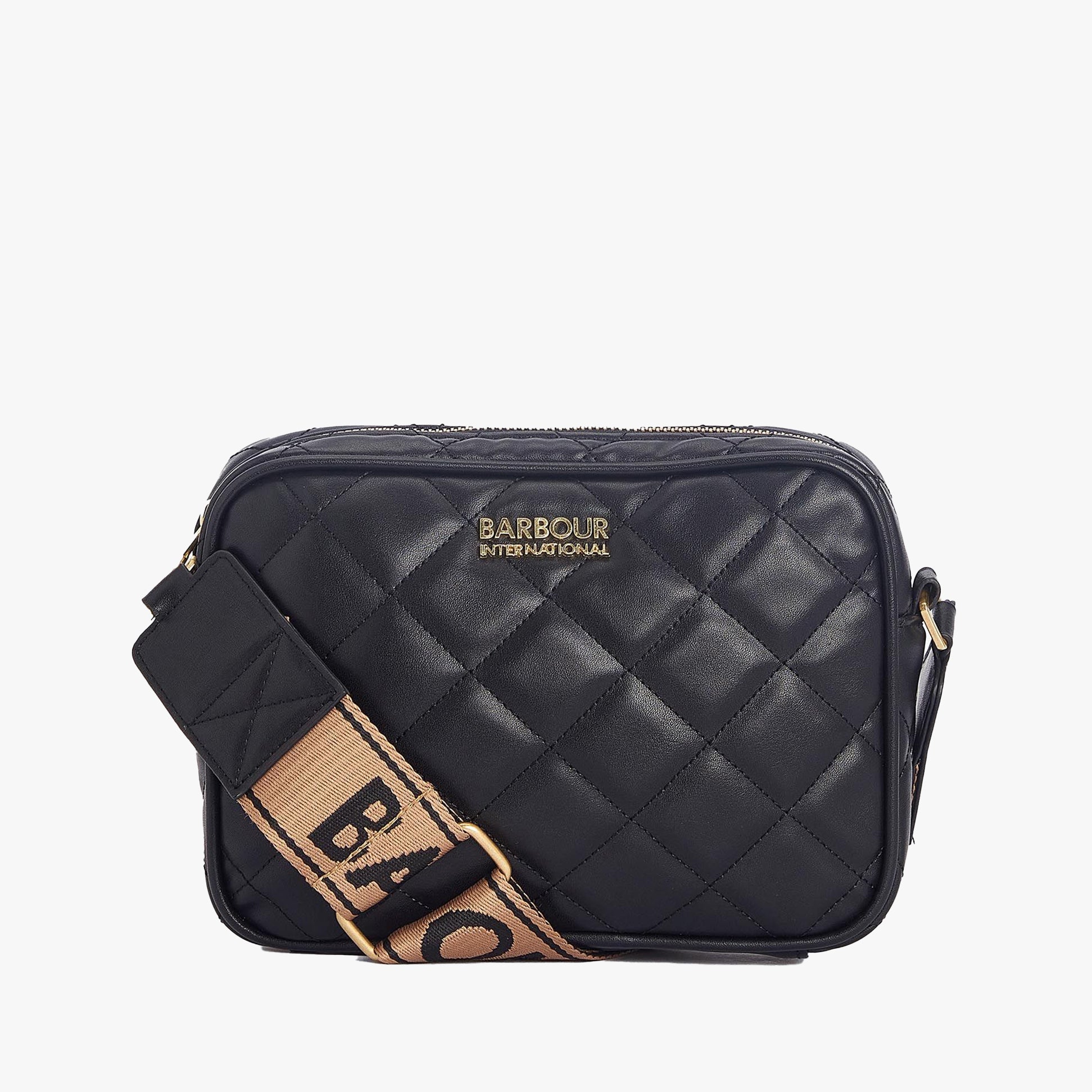 Barbour QUILTED SLOANE Womens Crossbody Bag Black front view with adjustable strap and quilted design