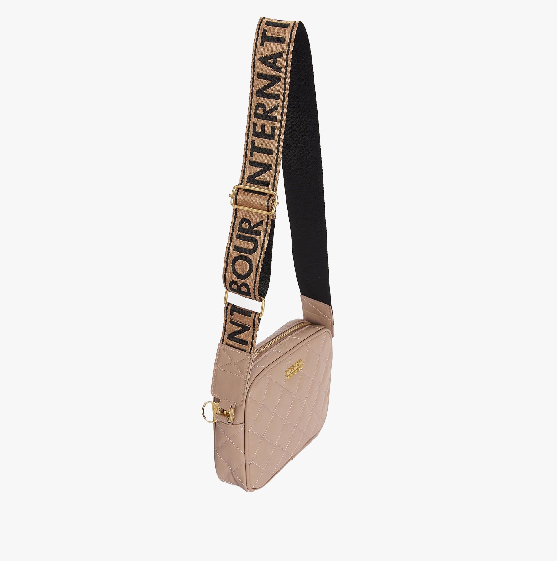 Barbour QUILTED SLOANE Womens Crossbody Bag Camel side view with adjustable strap and Barbour logo.