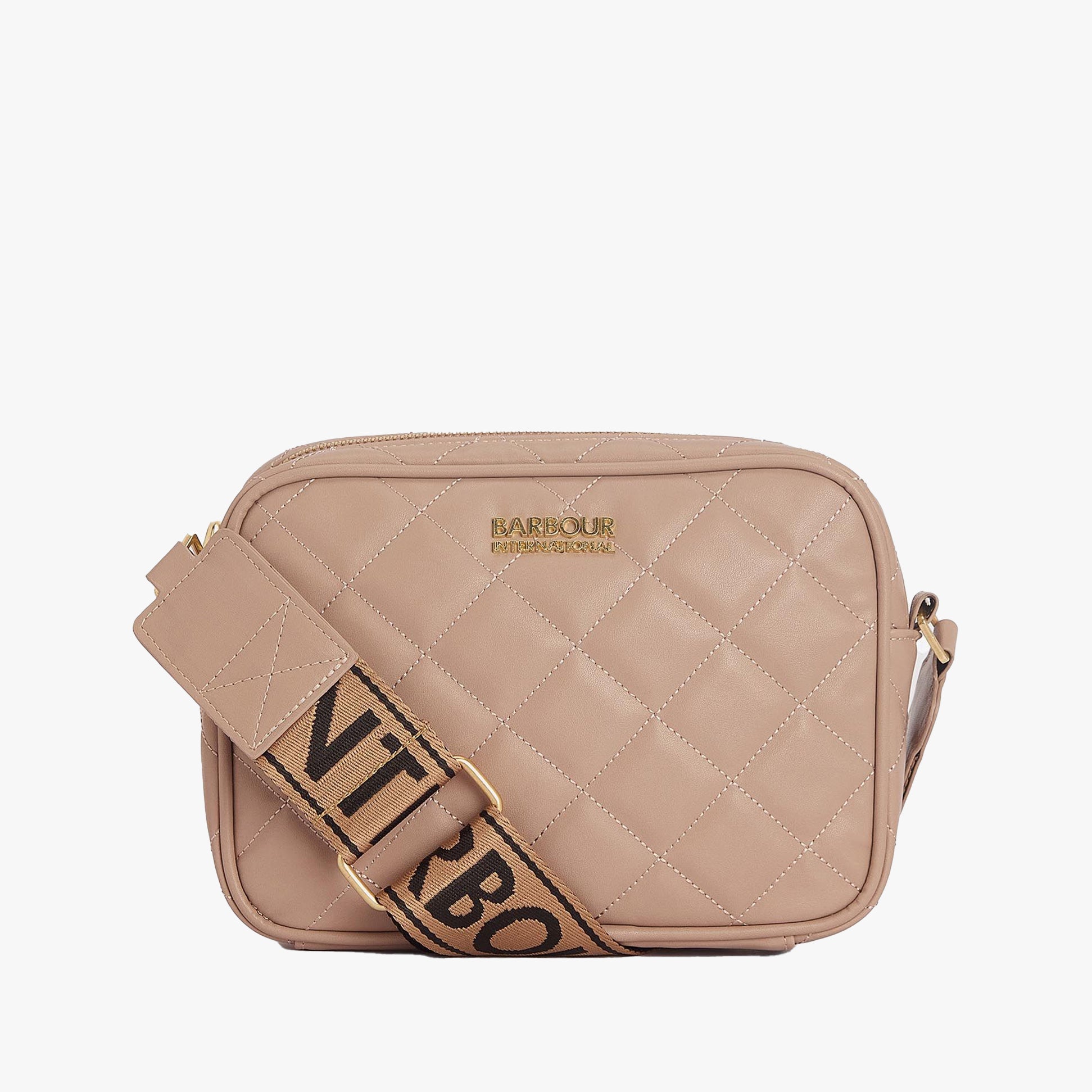 Barbour QUILTED SLOANE Womens Crossbody Bag Camel front view with adjustable strap and Barbour logo.