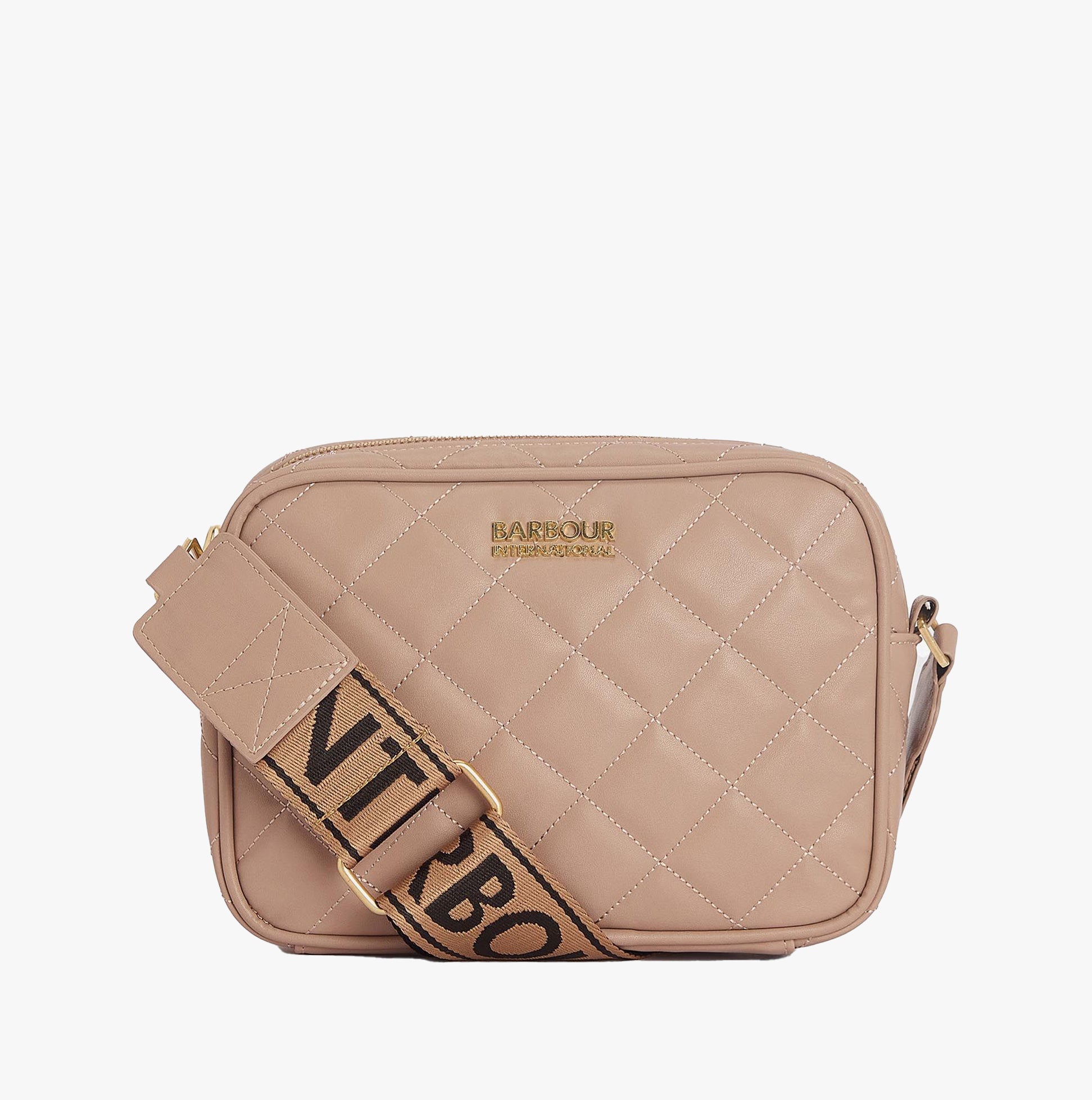 Barbour QUILTED SLOANE Womens Crossbody Bag Camel front view with adjustable strap and Barbour logo.
