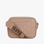 Barbour QUILTED SLOANE Womens Crossbody Bag Camel front view with adjustable strap and logo detail.