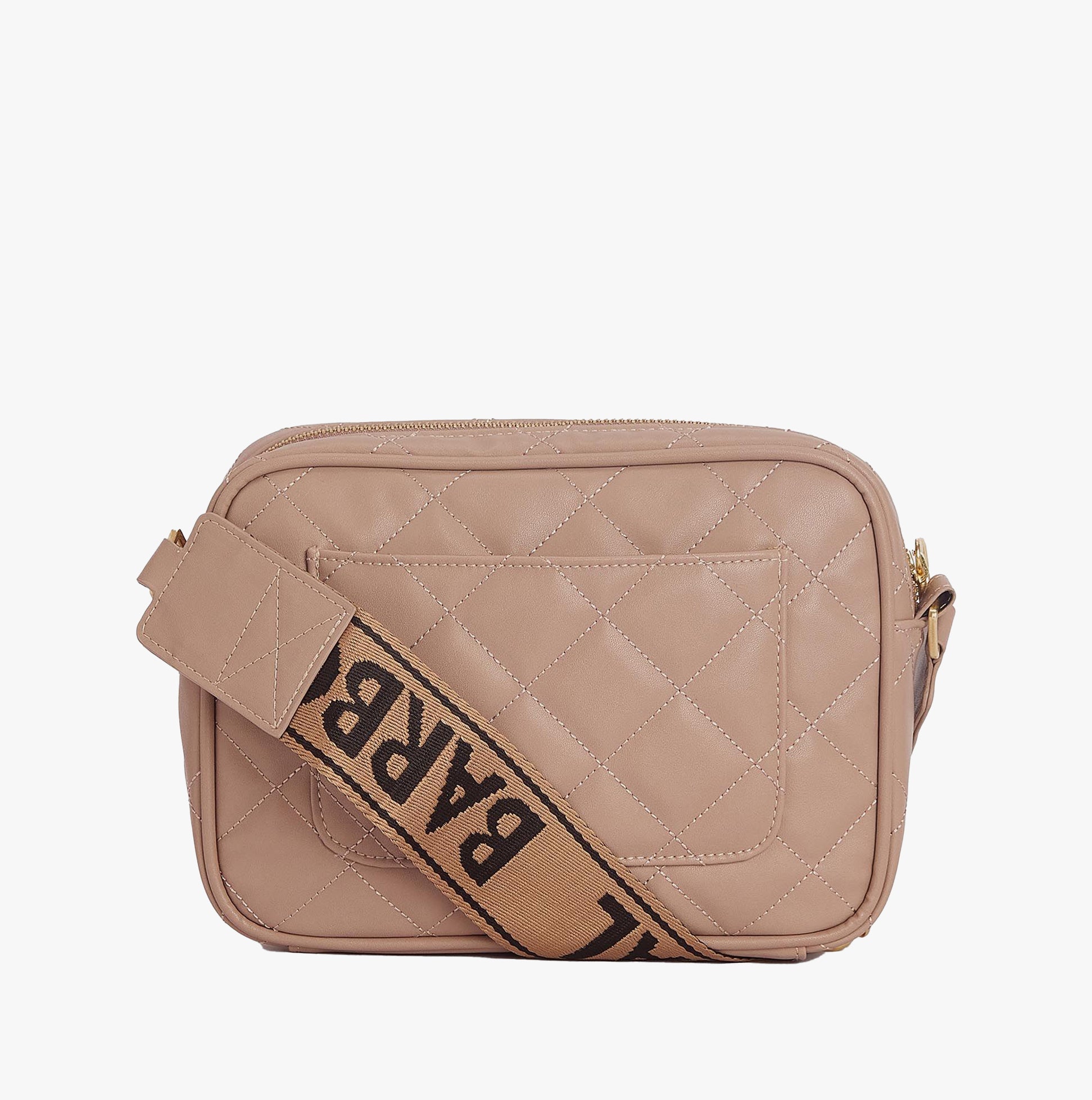 Barbour QUILTED SLOANE Womens Crossbody Bag Camel front view with adjustable strap and logo detail.