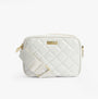 Barbour B.INTL QUILTED SLOANE Womens Crossbody Bag Gloss Silver Birch front view with adjustable strap and logo.