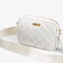 Barbour B.INTL QUILTED SLOANE Womens Crossbody Bag Gloss Silver Birch side view with adjustable logo strap.