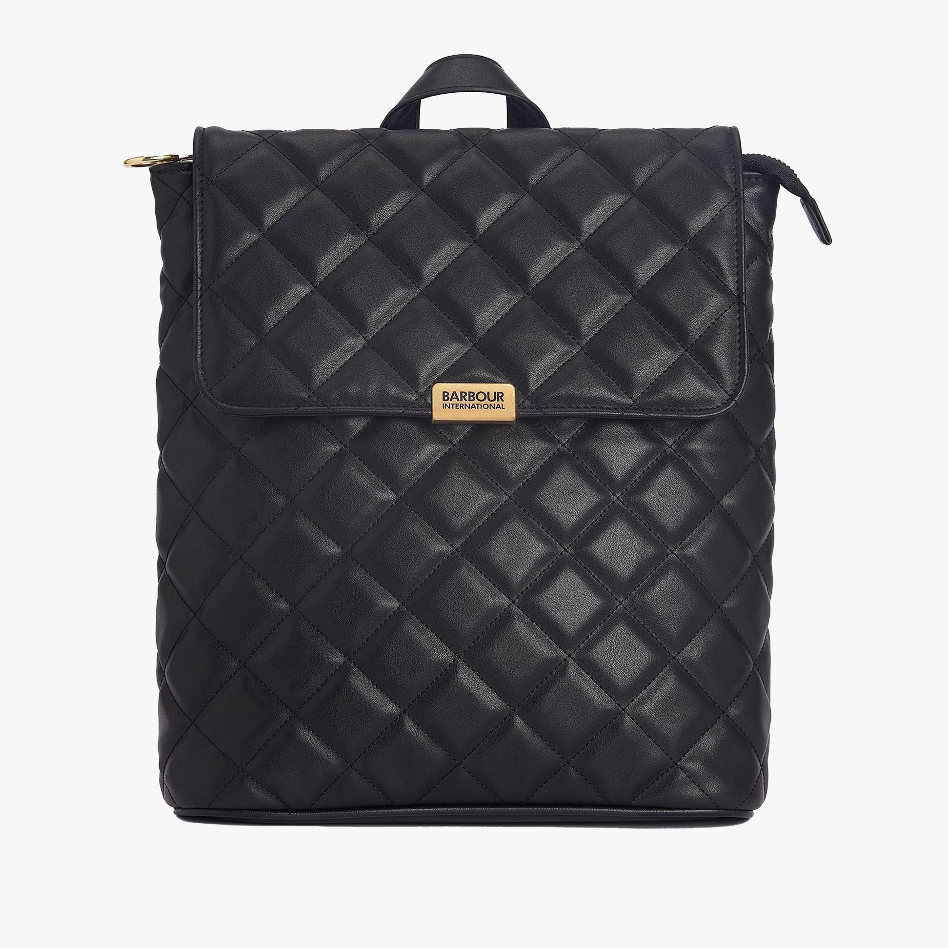 Barbour QUILTED HOXTON Womens Backpack Black front view with quilted design and gold-tone logo detailing