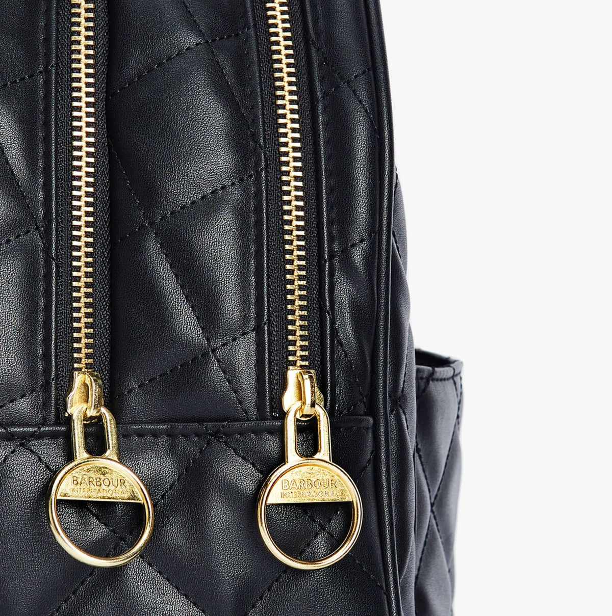 Barbour QUILTED UXBRIDGE Womens Backpack Black detail view of zippers.