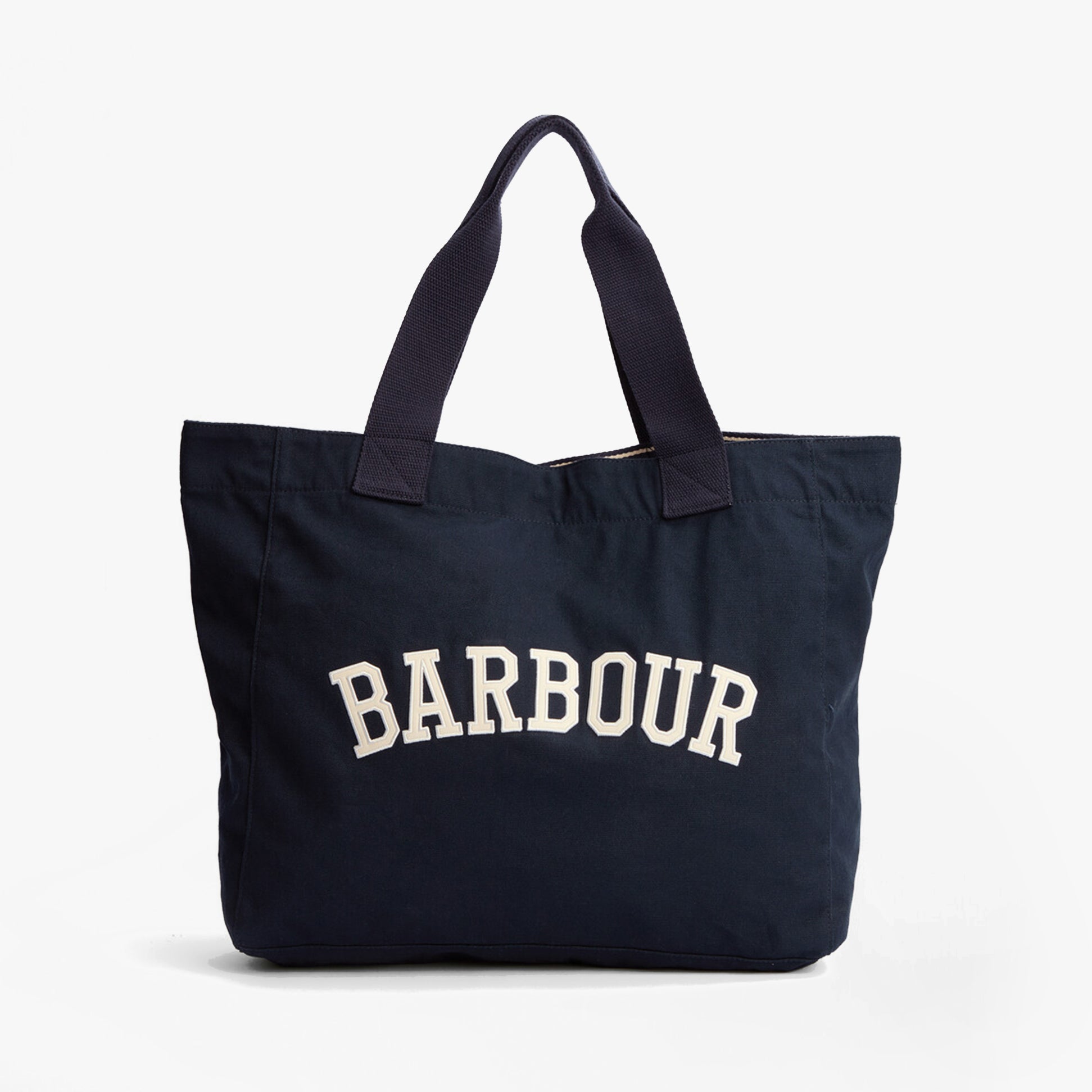 Barbour LOGO Womens Holiday Tote Bag Navy/Stone front view showcasing lightweight cotton with contrast webbing handles.