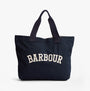 Barbour LOGO Womens Holiday Tote Bag Navy/Stone front view showcasing lightweight cotton with contrast webbing handles.