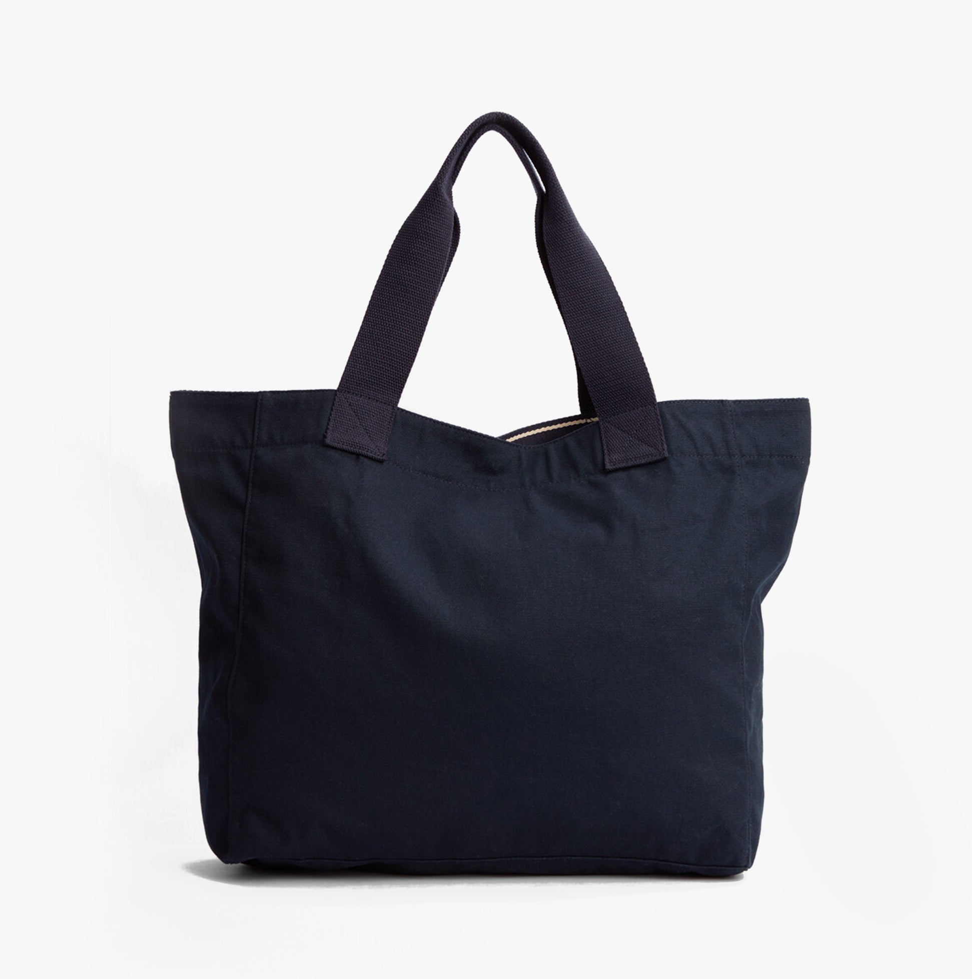 Barbour LOGO Womens Holiday Tote Bag Navy/Stone front view showcasing lightweight cotton fabric and contrast webbing handles.