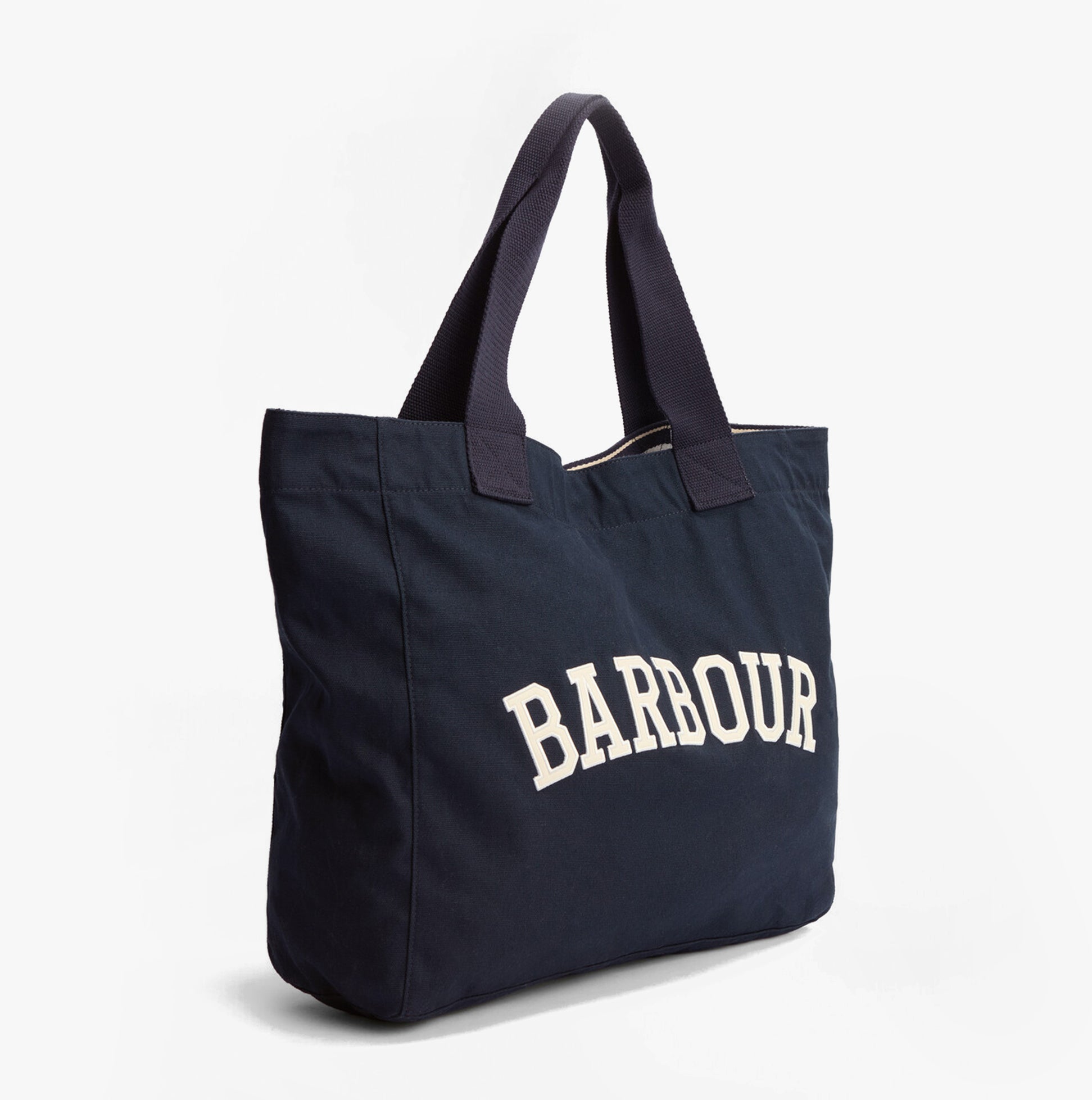 Barbour LOGO Womens Holiday Tote Bag Navy/Stone side view showcasing lightweight design and contrast webbing handles.