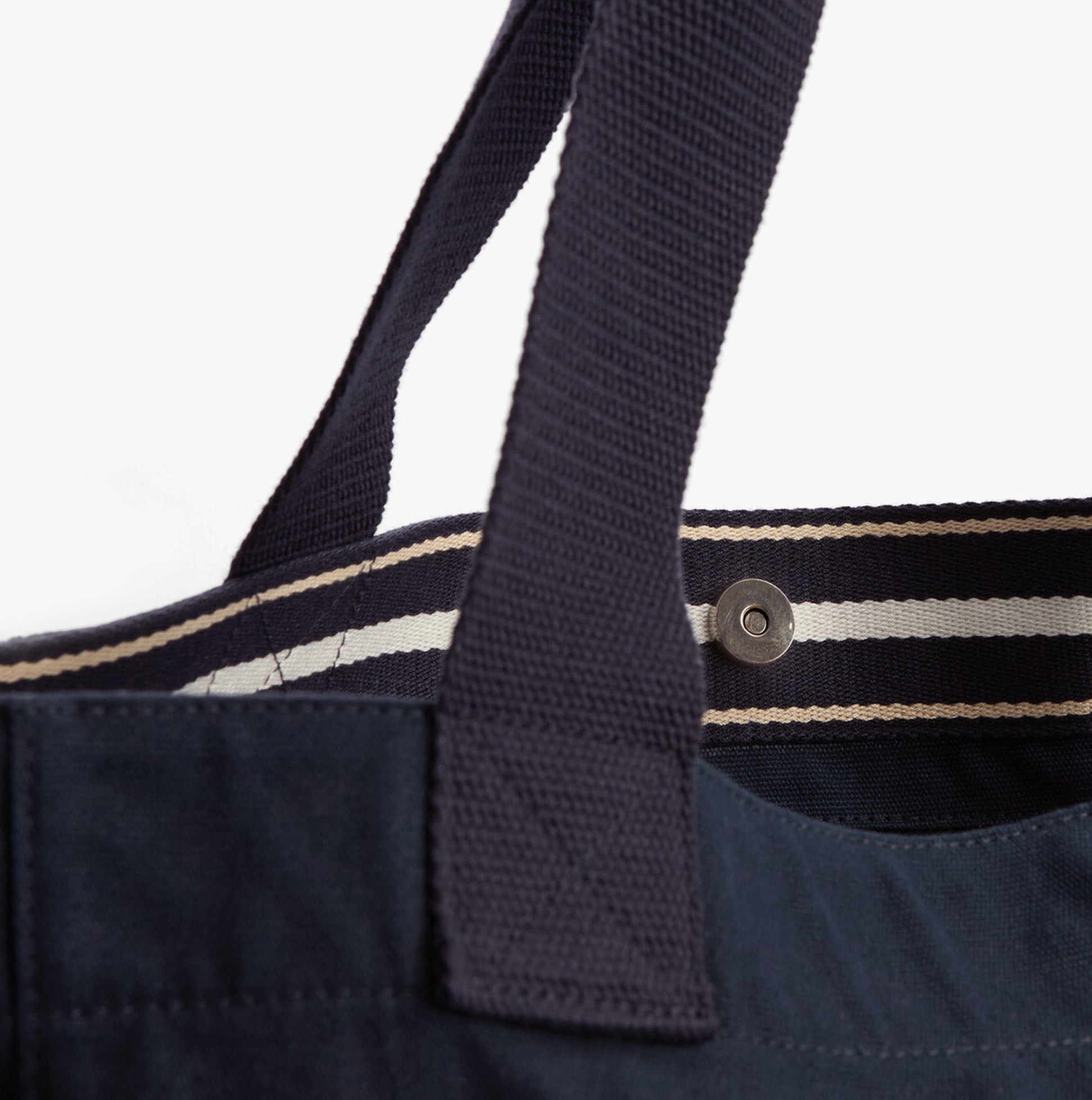 Barbour LOGO Womens Holiday Tote Bag Navy/Stone detail view of handles and concealed snap closure